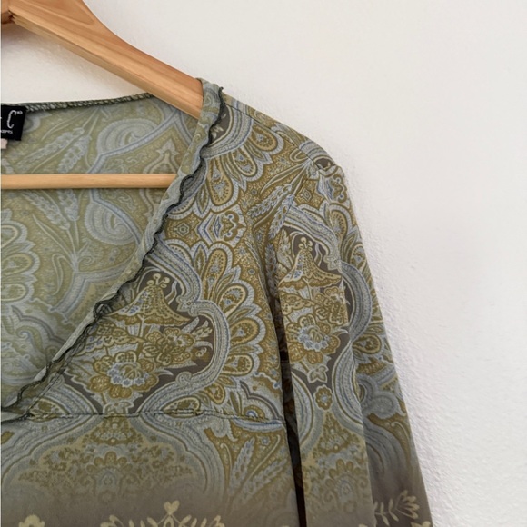 Y2K INC  Paisley Babydoll Blouse M Green Boho Bell Dress Top - Picture 3 of 10